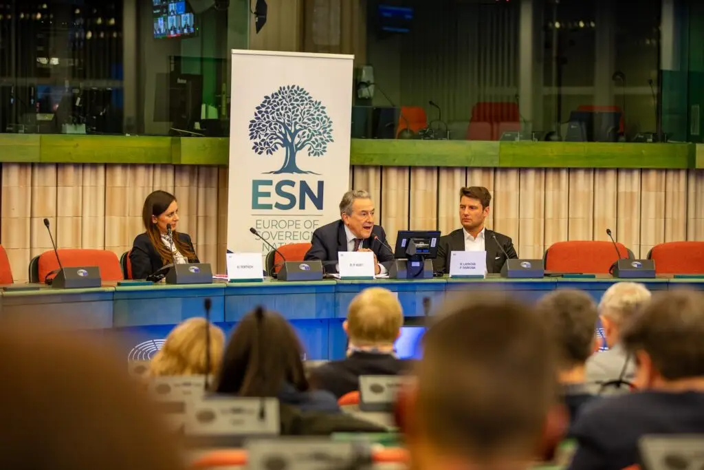 Panel discussion in front of a full audience in a European Parliament meeting room, with the ESN roll-up banner behind the podium
