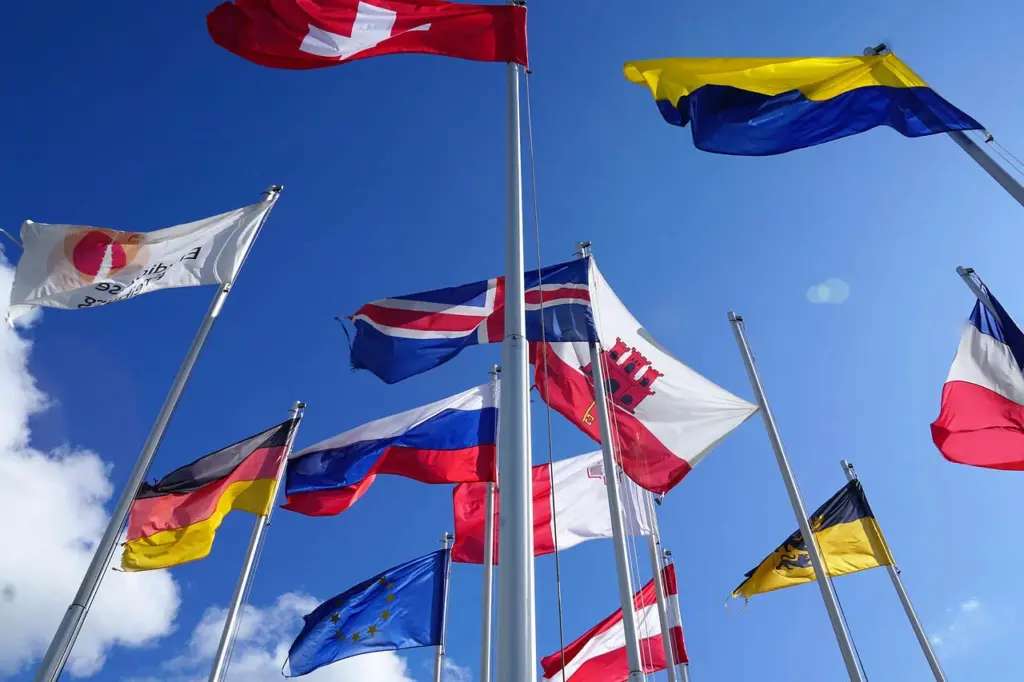 National flags of the ESN member states in front of the European Parliament building in Brussels
